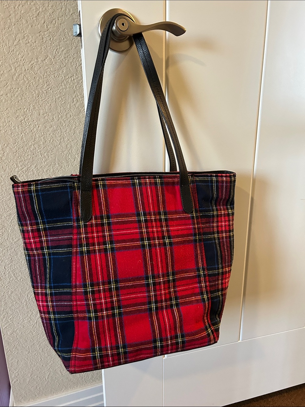 J. Jill Red & Navy Plaid Tote with Black Handles